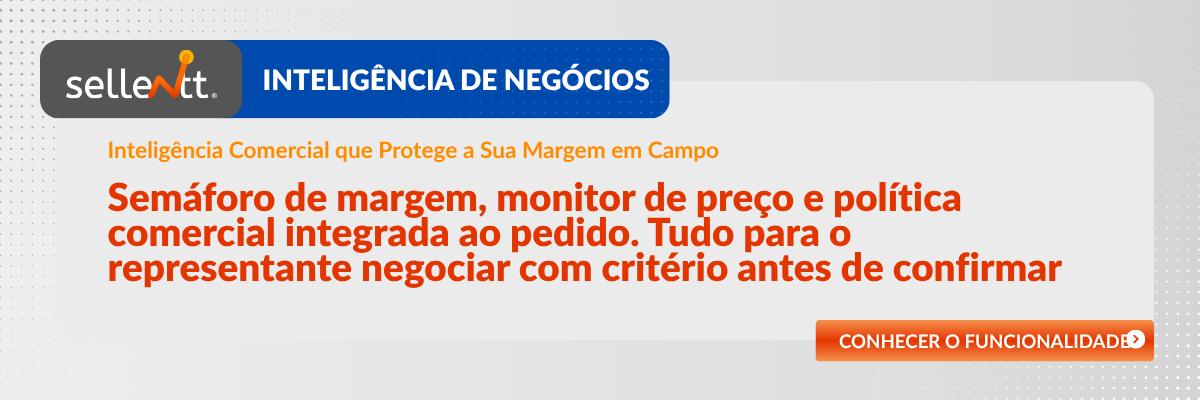 Gestor de distribuidora analisando política de margem e semáforo de desconto em vendas B2B no sistema de inteligência comercial da Sellentt
