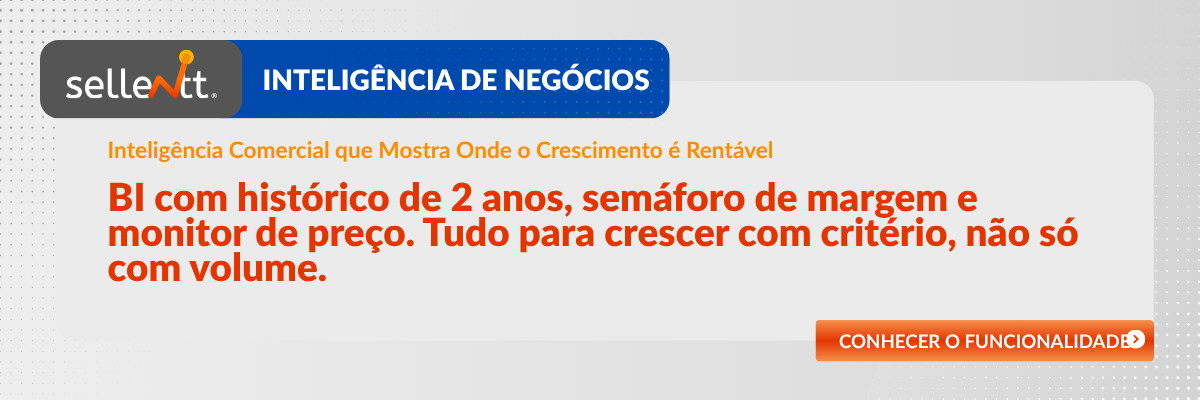 Gestor de distribuidora analisando BI com histórico de rentabilidade e controle de margem no sistema de inteligência comercial da Sellentt para identificar gap entre faturamento e lucro